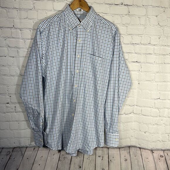 Peter Millar Sport Shirt Mens Large Nanoluxe Cotton Blue Plaid - Picture 1 of 8